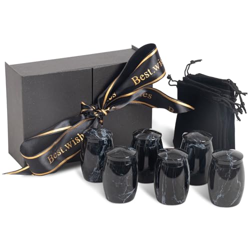 Image of Black Small Marble Finish Keepsake Urn for Human Ashes Set of 6 | Mini Metal Cremation Urn for Human or Pet Ashes - Small Memorial Urns with Velvet Bag - A Perfect Tribute & Gift for Families