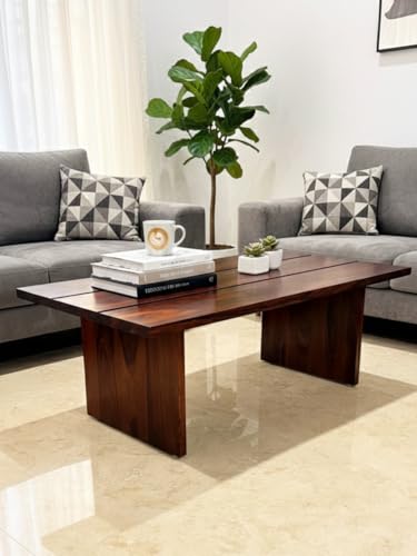 Image of Modern Sheesham Wood Coffee Table for Living Room | Wooden Center Table with Wide Top | Contemporary Tea Table Furniture for Home | Stylish Cocktail Table for Lounge & Apartment Decor | Dark Brown
