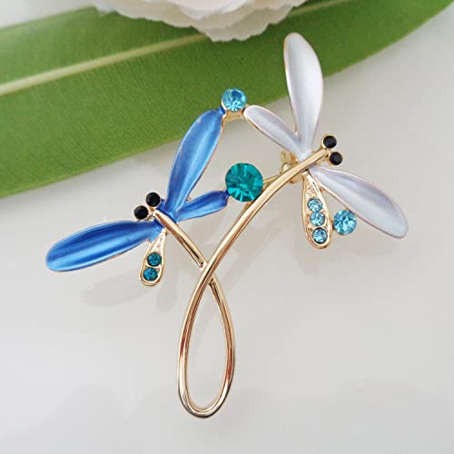 Image of Navachi 18k Gold Plated Multicolor Enamel White Crystal Double Dragonfly Wings Brooch Pins