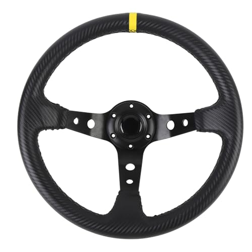 Cryfokt Racing Steering Wheel, Comfortable Handle Carbon Fiber -Look 14 Inch Deep Leg Steering Wheel Aluminum Frame Universal for 6 Hole -hub Adapter (Yellow)