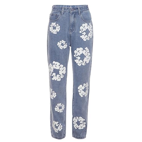 Women's White Floral Printed Jeans, High Waisted Straight Leg Denim Pants