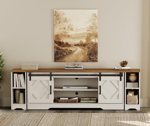 Image of WAMPAT Farmhouse TV Stand for 80-85 inch TV with Distressed Wood Finish