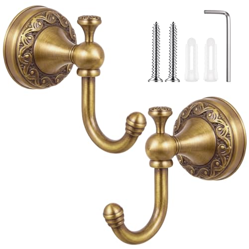 Yaocom 2 Pack Antique Towel Hooks Wall Mounted, Brass, Single