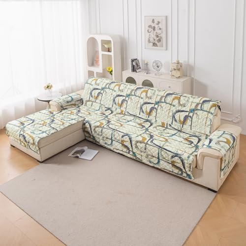 Image of HOKIPO 'Elira Series' Printed Quilted One-Piece L Shape 4 Seater (2+2) Sofa Cover Mat with Left Chaise | Anti-Slip Backing & SecureFit Belt, Parchement Beige Abstract Art (AR-5373-C6)