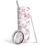 Yuzlin Cherry Blossom Tumbler With Lid and Straw Stainless Steel 20oz Cherry Blossom Skinny Tumbler Insulated Cups Floral Water Bottle Coffee Mug Travel Tumbler Pineapple Gifts for Women