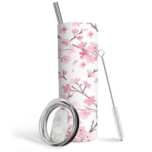 Vaso flaco floral con pajita y tapa, 20 onzas, doble pared, acero inoxidable, aislado al vacío, café, vino, té, regalo para mujeres, color rosa