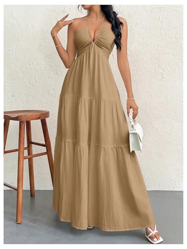 Image of SHENHE Women's Deep V Neck Tie Knot Backless Halter Dress A Line Flowy Ruffle Maxi Dress