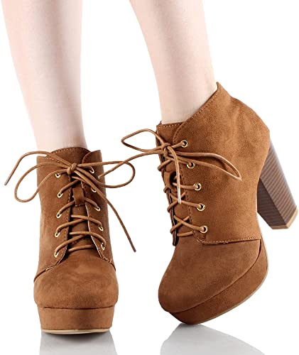 Forever Camille-86 Women's Comfort Stacked Chunky Heel Lace Up Ankle Booties Tan Size 7.5