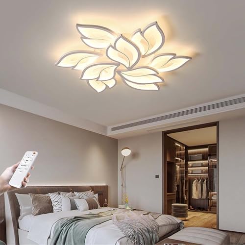 Image of LED Ceiling Light Dimmable, Living Room Lamp with Remote Control, Brightness Color Changing Flower Design White Acrylic Shade for Dining Table Bedroom Chandelier