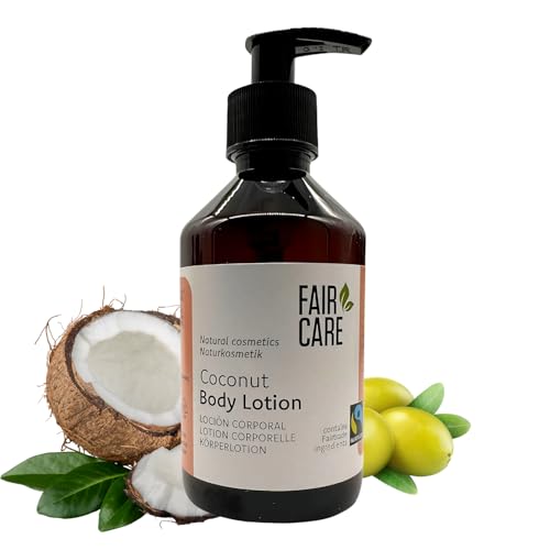 FAIR CARE Loción corporal con coco de 240 ml con dispensador de bomba – Fairtrade cuidado corporal hidratante para todos los tipos de piel