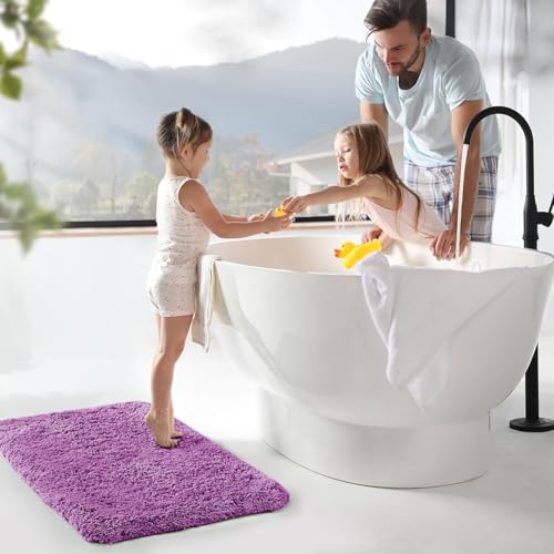 Image of SANMARINO Super Soft Shaggy Bathroom Rugs, Absorbent Thick Anti-Slip Microfiber Bath Rugs, Quick Dry Machine Washable Bath Mat for Bathroom Floor, Bathtub and Shower 17 inchx24 inch - Purple
