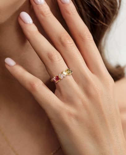 Rainbow Engagement Ring for Women Colorful Round Baguette Cut Cubic Zirconia CZ Stackable Wedding Band Promise Rings for Her Size 4-114