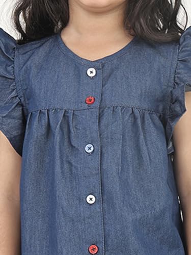 Image of superminis Girls Denim Solid Color Half Sleeves Dress with Embroidered Pocket (1 Dress)