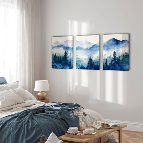 SERIMINO Nature Landscape Canvas Wall Art for Living Room, Forest Mountain Canvas Prints Paintings, Blue Modern Farmhouse Wall Decor for Bedroom Bathroom Set of 3, 12"X16"