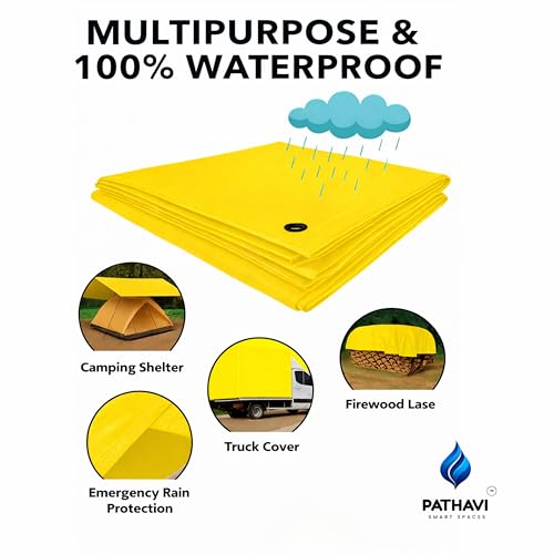 Image of Premium 9x6ft Yellow Tarpaulin, Thadika, 120 GSM Virgin Tharpai Sheet, Heavy Duty Waterproof Tadpatri Cover with Reinforced Eyelets & UV Protection, Ideal for Trucks, Farms, HomeUse, 1 Sheet