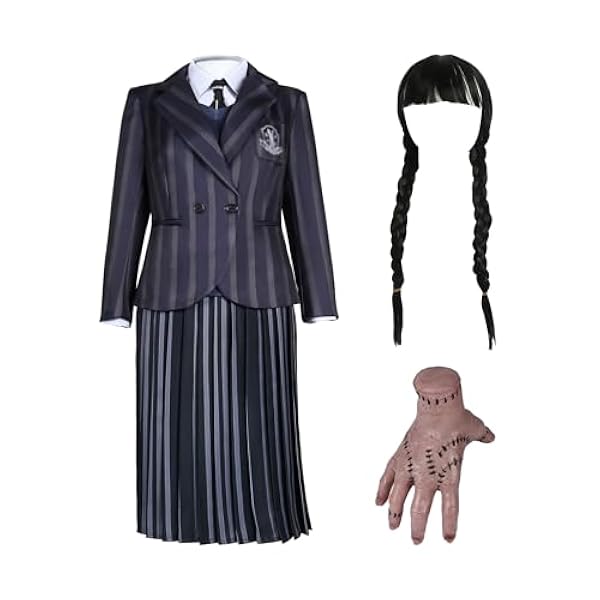 Woensdag addams kostuum vrouwen meisjes schooluniform strepen blazer geplooide rok pruik nep handsets Halloween -outfits