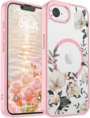 Image of VONZEE Compatible with iPhone 17e /iPhone 16e /SE4 Case, Luxury Retro Flowers Floral Clear Magnetic Wireless Charging PC+TPU Cute Glossy Shiny Cover for Girls Women, Pink