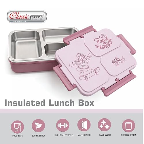 Image of Classic Steels Insulated 3-Compartment Stainless Steel Lunch Box for Kids & Adults | Leak-Proof Bento Box with Silicone Seal | BPA-Free & Food Grade, Pink