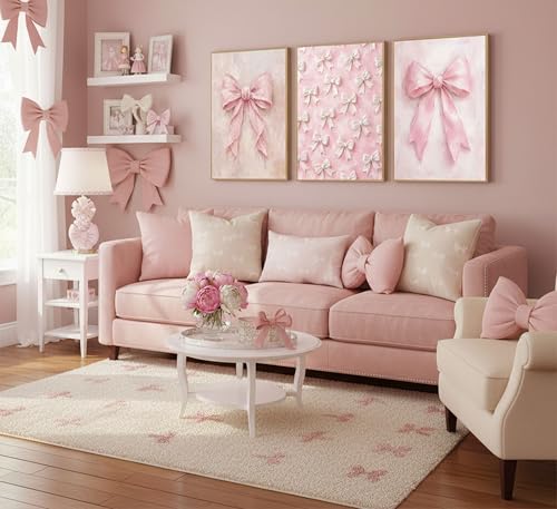 Image of 3Pcs Pink Bow Canvas Wall Art Vintage Trendy Cute Preppy Watercolor Bow Painting Pictures Wall Decor Posters Prints Girly Aesthetic for College Apartment Bedroom Decoration Unframed
