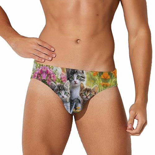 Three Cute Cats Flowers Printed Swim Briefs for Men Sexy Bikini Swimwear Elastic Beach Trunks Bathing Suit