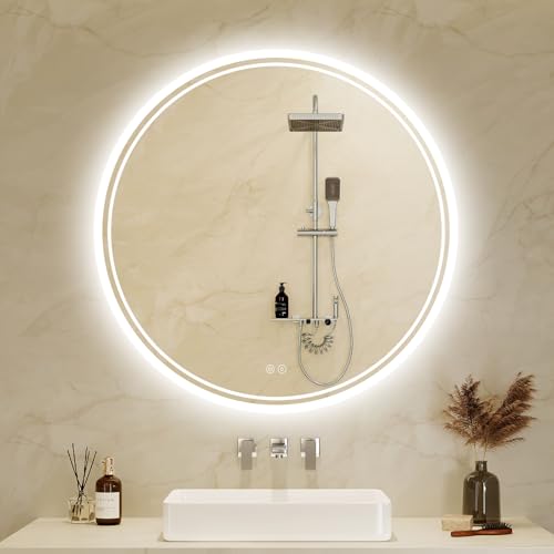 Zurehome Bathroom Mirror with LED Lights 50x50cm: Round LED Bathroom Mirror with Anti-Fog Touch Sensor 3 Colors Dimmable Memory Function Illuminated Bathroom Wall Mirror