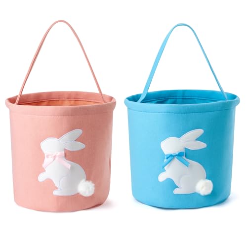 Image of 2 Pcs Embroidered Easter Basket with Handle for Egg Hunts, Easter Gifts, Easter Egg Collection, Gift (Pink and Blue)