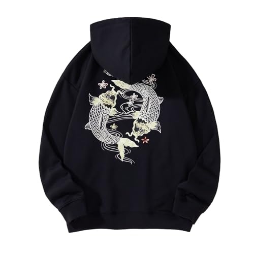 Sweat-shirt à capuche homme broderie koï style chinois coupe ample épais