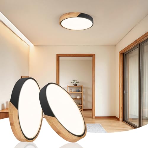 Image of 11.8 Inch Wood LED Flush Mount Ceiling Light 3000K, Black, 2 Pack | Modern Style, Acrylic Lampshade, Not Dimmable, Ceiling Light Fixture for Bedroom Kitchen Hallway Living Room