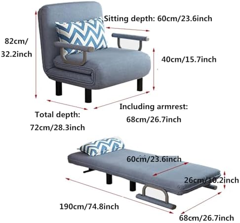 Convertible Sofa Bed, 3 in 1 Folding Bed with 5-Position Adjustable Backrest & Pillow, Lazy Chaise Lounge Couch, Small Chair Couch for Small Spaces blue-68cm