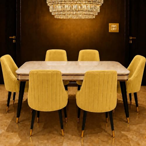Image of WOODEN SPACE 6-Seater Wooden Dining Table Set | Nano Composite Marble Top | Solid Wood Base | Modern Dining Room Furniture with 6 Chairs (Modern Infinity Yellow)