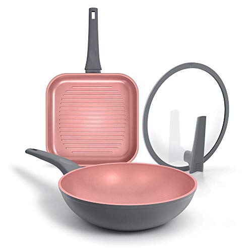 SHINEURI Set di 3 pentole antiaderenti e padelle con coperchi e manici, padella per wok, padella per piani cottura, lavabile in lavastoviglie, forno (grigio – 3 pezzi padella e padella)
