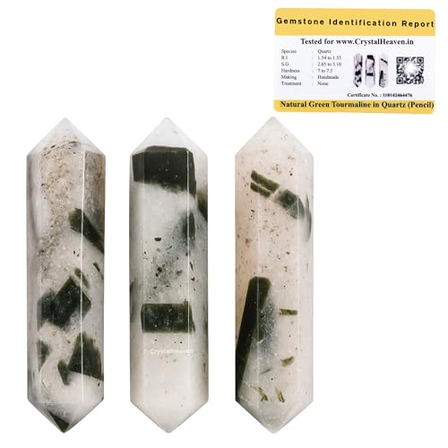 Green Tourmaline in Quartz Crystal Pencil Point Set of 3, Double Terminated