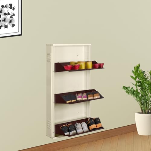 Image of DELITE KOM 20 Inch Wide, 3 Shelf Metal Shoe Rack Wall Mounted for Home with Central Lock | Holds Upto 8 Shoes or 12 Slippers Pair | 1 Year Warranty | (41 x 20 x 5, Ivory Coffee) | DIY | Space Saving