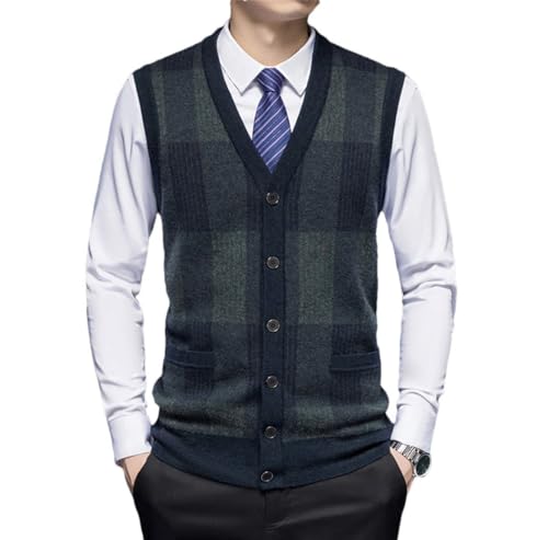Men's Plaid Jacquard Cardigan Vest V-Neck Thickened Wool Knitted Sleeveless Sweater Vest