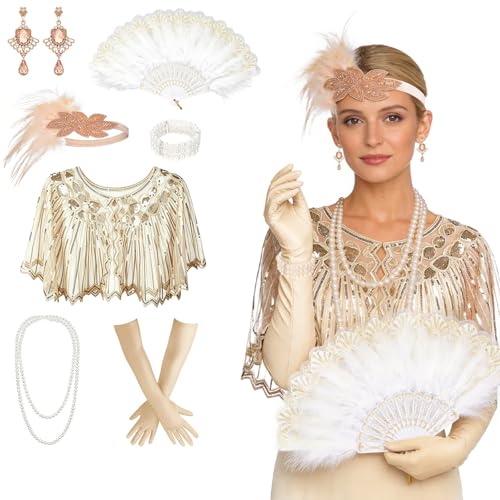 PEAKTOP 8PCS Accessoire Année 20 Femme, Great Gatsby Costume Accessoires Set, Robe Charleston Femme de Mode Set Pour Halloween Carnaval Cosplay Soirée Rétro