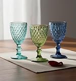 Juego de 6 Copas de Vidrio de Colores con Relieve de Diamante, 300ml, Estilo Vintage para Vino y Agua, Cristalería Gruesa de Lujo (Verde, Azul, Turquesa o Mix) (Tres colores)