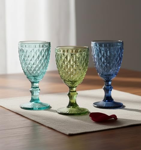 Juego de 6 Copas de Vidrio de Colores con Relieve de Diamante, 300ml, Estilo Vintage para Vino y Agua, Cristalería Gruesa de Lujo (Verde, Azul, Turquesa o Mix) (Tres colores)