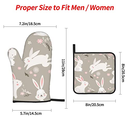 Easter Bunny Floral Printed Oven Mitts And Pot Holders Set Of 4 Heat Resistant Non-Slip Waterproof Oven Gloves For Grilling Bbq Cooking Baking Kitchen Microwave Pizza #TOP3