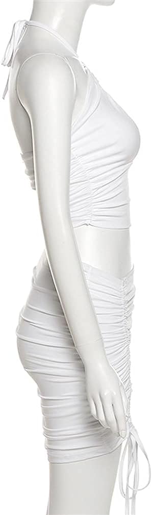 SHESEEWORLD Women's Sexy Hollow Out 2 Piece Outfits Halter Neck Sleeveless Crop Top and Drawstring Ruched Bodycon Skirt Sets - Image 6