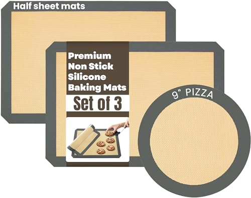 Image of Silicone Baking Mat 3 Pack Reusable Silicone Baking Sheet Liner for Oven 2 Half and 1 Round Pizza Nonstick Mat for Bread, Dough, Macaron, Cookie Cooking Liners for Kitchen Counter Bakery Supplies
