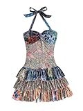 WDIRARA Women's Paisley Floral Boho Ruffle Layered Halter Dress Twist Front Tie Backless A Line Mini Dresses Multicolor Small