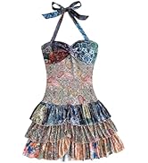 WDIRARA Women's Paisley Floral Boho Ruffle Layered Halter Dress Twist Front Tie Backless A Line M...