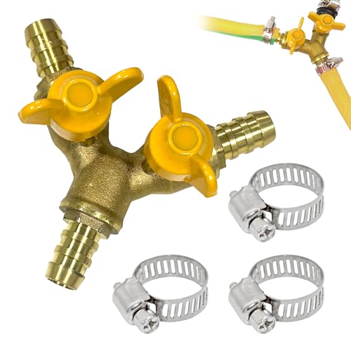 Huybaa 4PCS Válvula de Gas de Latón de 3 Vías con Interruptor y Abrazaderas Metálicas (13-19mm) - Conector en Forma de Y para Manguera de Agua/Gas