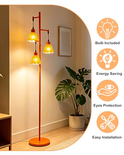 Image of Lightdot Glass Floor Lamps for Living Room, 3-Light Dimmable Floor Lamp with Orange Glass Shade& E12 Bulbs Included, Mid Century Standing Tall Lamp with 5Lbs Heavy Base for Bedroom /Sofa Beside