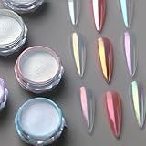 Pretty Diva 8 Colors Iridescent Pearl Chrome Nail Powder, Aurora Pearl Nails Chrome White Pearl Chrome Powder for Nails Metallic Manicure Pigment
