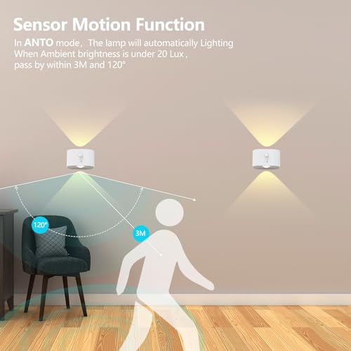 Image of UP&Down Light Source Wall Sconces with Motion Sensor, Cordless LED Wall Night Lights 360Rotate & Rechargeable Battery Operated, 3 Brightness, Indoor Motion Detection Wall Lamps for Pic Corridor-White