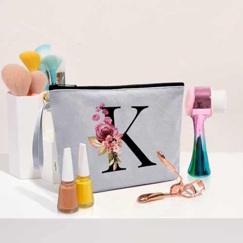 Image of Vavabox A-Z Personalized Makeup Bag, Birthday Gifts for Women Mom, Gifts for Best Friend, Bride Bridesmaid Cosmetic bag (K, Grey)