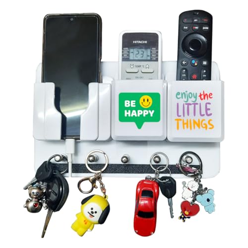 Image of Rainbow Dots Be Happy & Enjoy The Little Things Wall Mounted Remote Holder with Key Organizer & Mobile Charging Stand | 3-in-1 TV AC Remote Holder Wall | No Drilling | Positive Home Wall Decor