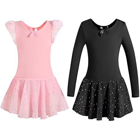 DANSHOW Girls Glitter Leotards for Ballet Dance Dress with Skirt Petal Sleeve Cover