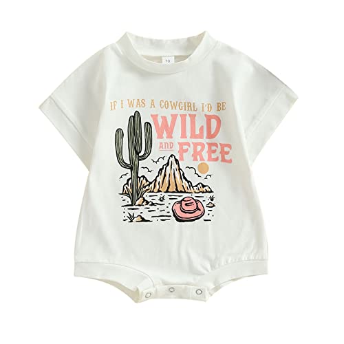 Image of Kupretty Unisex Baby Boy Girl Summer Clothes Bubble Oversized Romper T Shirt Short Sleeve Graphic Onesie Boho Outfit (Cowgirl White, 0-6 Months)